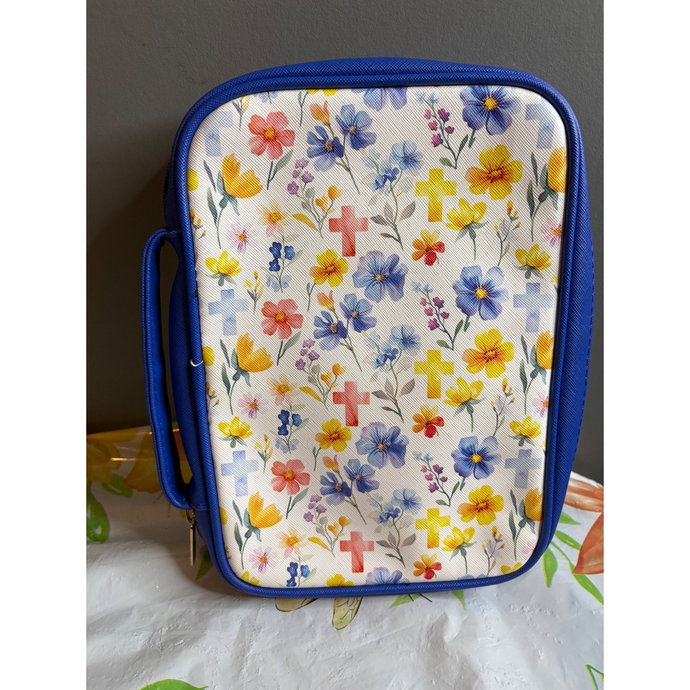 Floral Bible Cover Cross Wildflower Zip Organizer Case Blue Trim Carry Handle